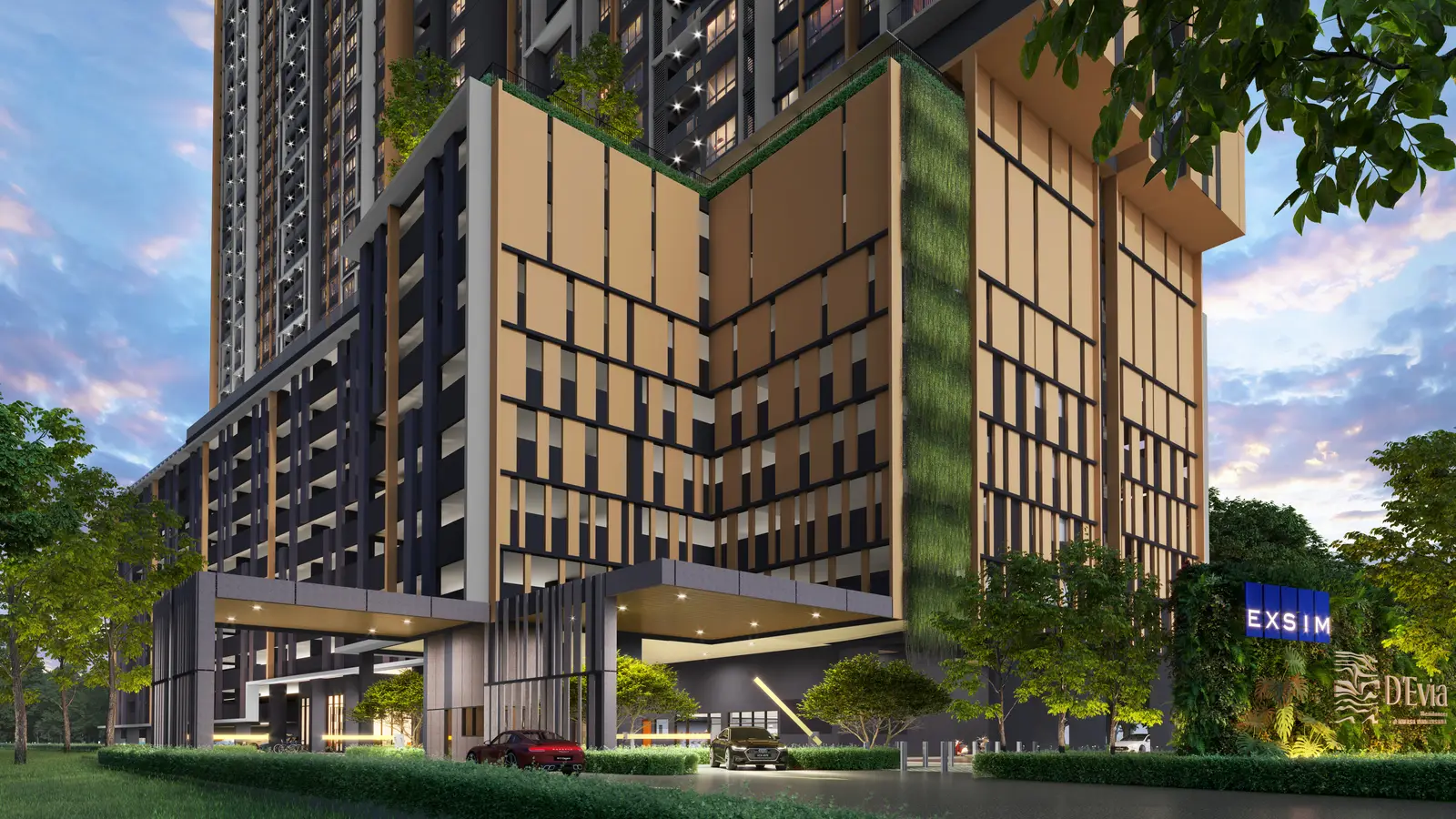 D&rsquo;Evia Residences grand entrance and timber facade at dusk