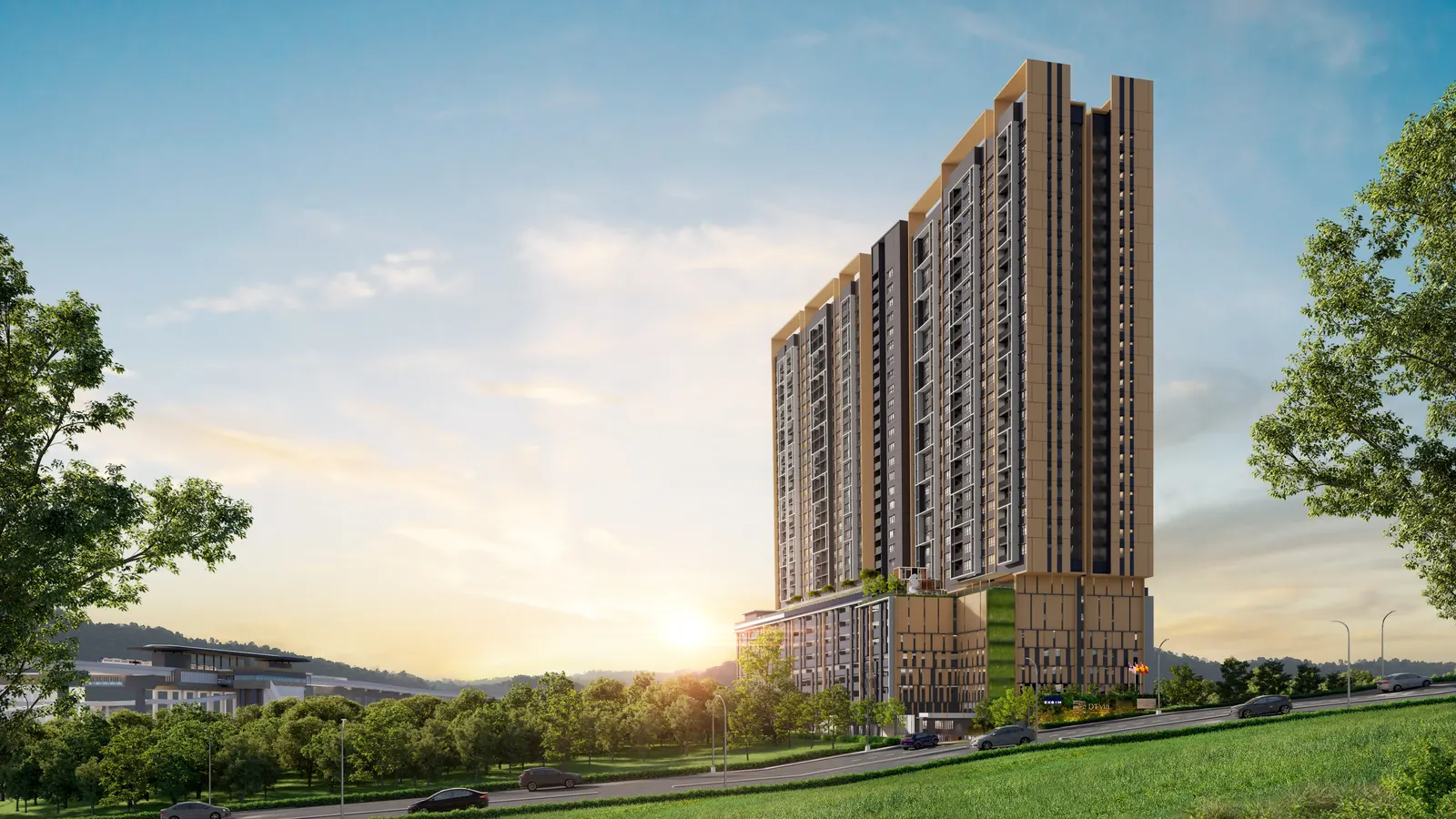 D&rsquo;Evia Residences Kwasa Damansara facade at golden hour
