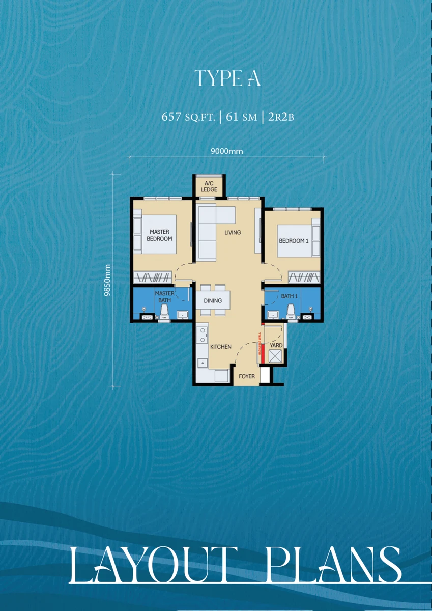 D’Evia Type A floor plan 657 sqft 2 bed 2 bath