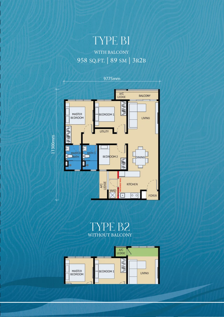 D’Evia Type B1 B2 floor plan 958 sqft 3 bed 2 bath