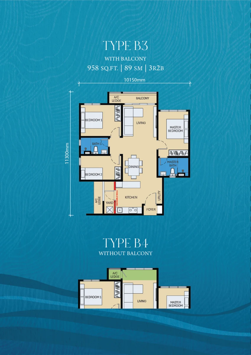 D’Evia Type B3 B4 floor plan 958 sqft 3 bed 2 bath