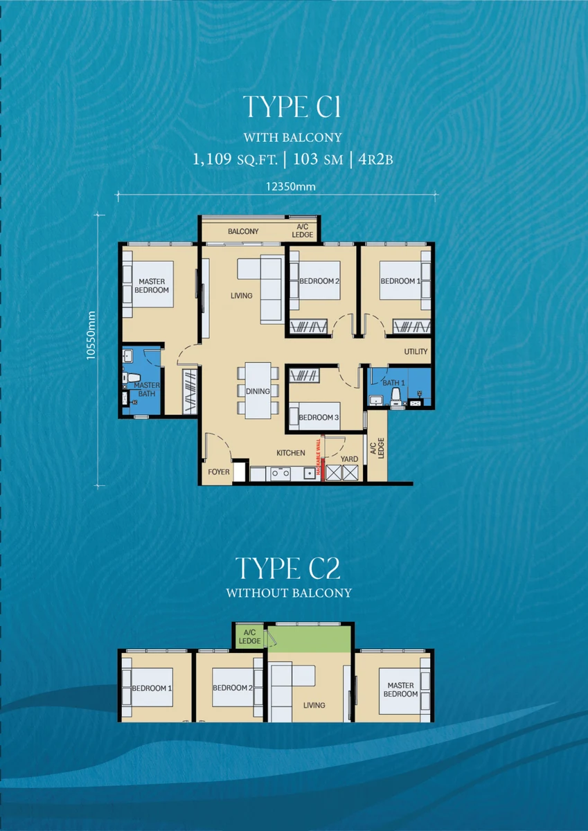 D’Evia Type C1 C2 floor plan 1109 sqft 4 bed 2 bath